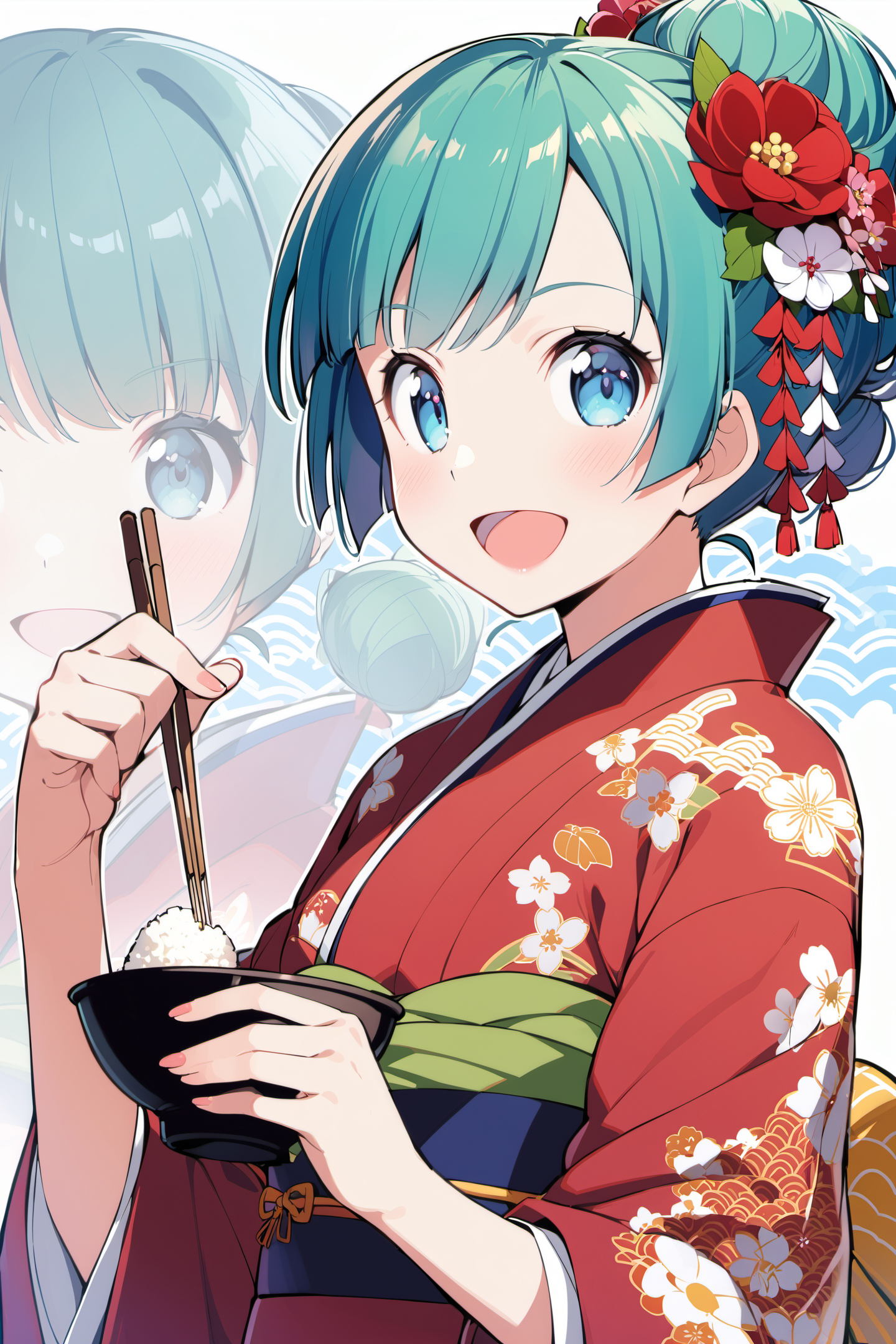 23302-729947167-1girl, japanese clothes, solo, kimono, hair ornament, blue eyes, open mouth, smile, flower, miki sayaka, chopsticks, hair flower.png